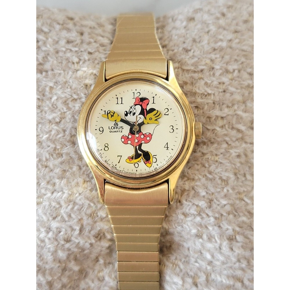 Vtg Disney Lorus Minnie Mouse Wrist Watch Gold Moving Hands Japan New Battery
